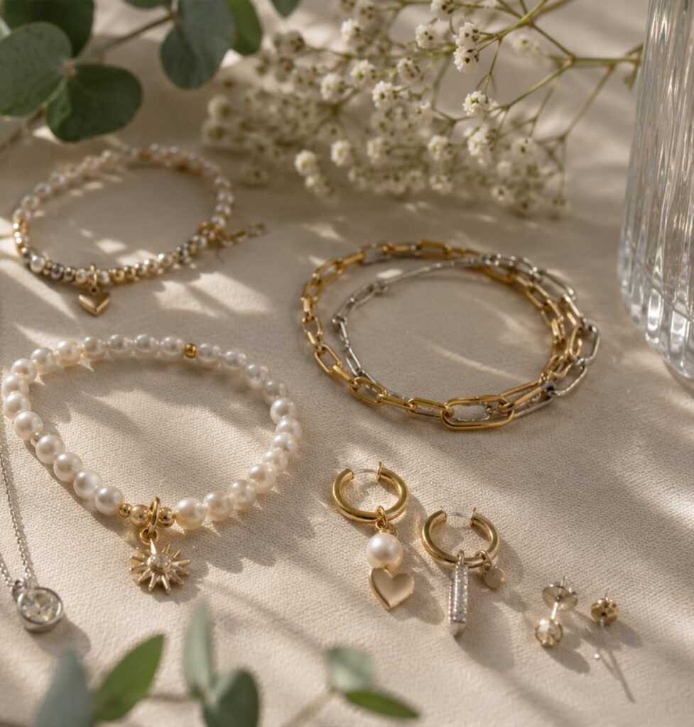 Gold- und Silberschmuck mit Perlen, Ketten und Ohrringen auf hellem Stoff mit grünen Pflanzen