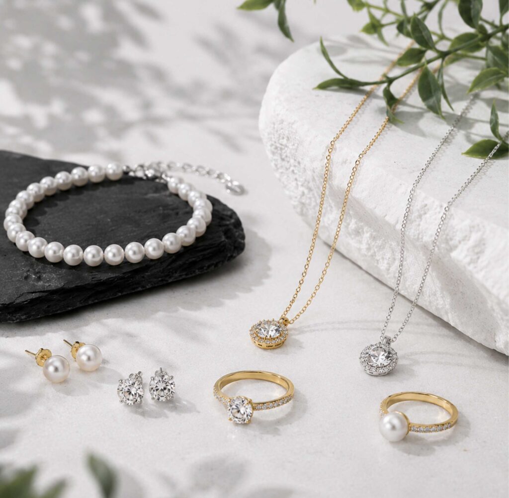 Gold- und Silberschmuck mit Perlen und funkelnden Steinen, dekoriert mit grünen Pflanzen