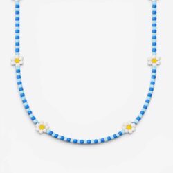 Perlenkette-Halskette-3mm-Glasperlen-mittelblau-hellblau-Blumen-Liebeslicht-Perlenzauber