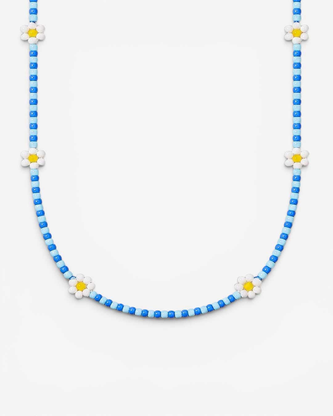 Perlenkette-Halskette-3mm-Glasperlen-mittelblau-hellblau-Blumen-Liebeslicht-Perlenzauber