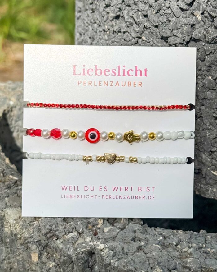 Rotes Schutz-Trio – Armbandset mit Perlen & Strass