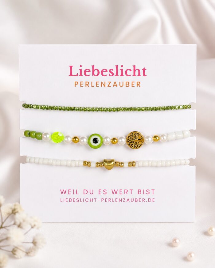 Liebeslicht Armbandset Grün mit Schutzauge & Lebensbaum